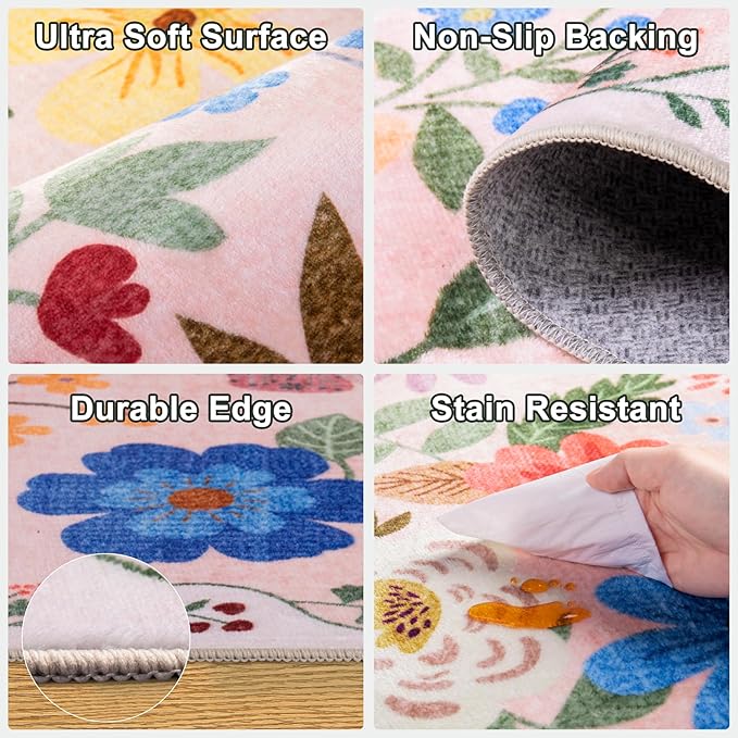 Entryway Rug 2X3 Small Rugs: Floral Washable Door Mat Vintage Soft Low Pile Non-Slip Kitchen Rugs Stain Resistant Indoor Throw Rug for Entrance, Bedroom, Kitchen, Laundry, Bathroom Beige