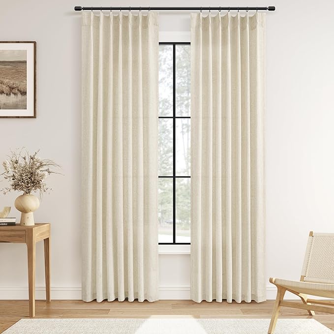 Guken Beige Pinch Pleated Linen Curtains 84 Inch Length 2 Panels Set for Living Room Bedroom Modern Farmhouse Boho Semi Sheer Back Tab Window Privacy Draps with Hooks Rings for Dining Room 40x84