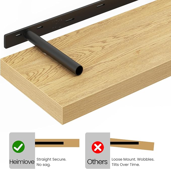Heimlove 55 Inch Long Floating Shelves for Wall, 9.3" Deep Oak Floating Shelves Set of 2, Large Display Shelf & Storage Shelf, Wall Mounted Shelves for Bedroom Living Room Kitchen Office