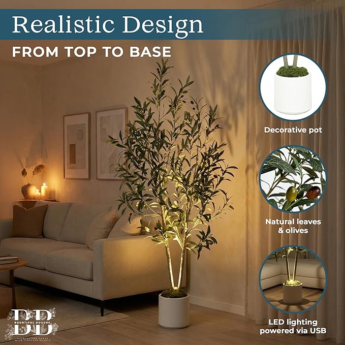 5ft Lifelike Artificial Olive Tree with Light, White Pot, Moss & LED | 711 Vein-Detailed Leaves, 40 Olives · 4ft Wired USB LED with Switch · Moss Included · Shapeable Branches · Zero Maintenance