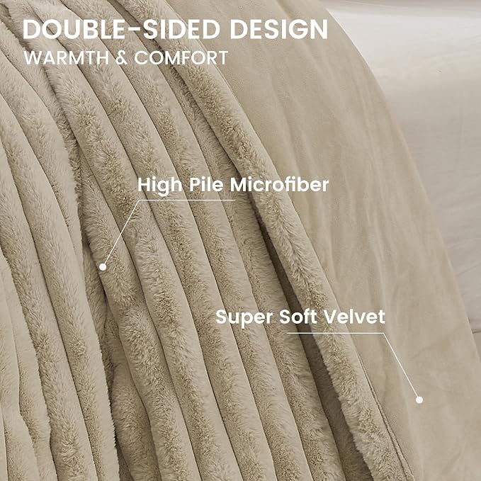 Simple&Opulence Fluffy Faux Fur Comforter Set, Plush Fuzzy Minky Bedding Set, 3 Pieces Warm Soft Comforter Bedding Set for Winter - 1 Shaggy Comforter with 2 Pillow Shams(King, Striped - Khaki)