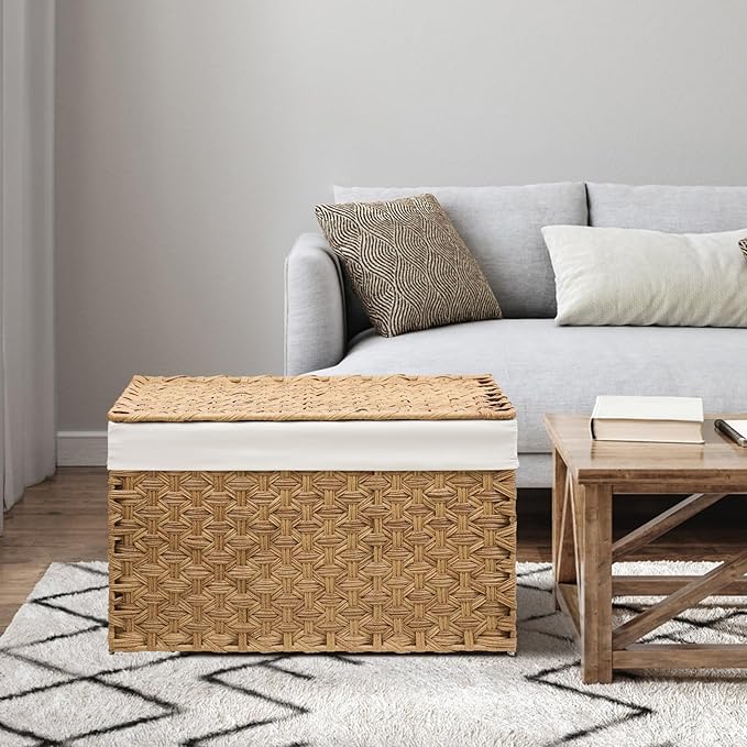 Wicker Storage Basket with Lid, 52.8 Gallon (200L) Large Blanket Basket with Lid, Woven Storage Bin with Handles, Removable Liner, Metal Frame, Foldable, for Bedroom, Laundry Room, Natural