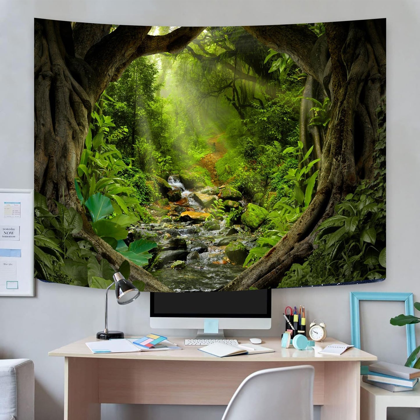 Misty Forest Tree Cave Tapestry Nature Green Tapestry Enchanted Rainforest Tropical Jungle Sunshine Flowing Stream Landscape Wall Tapestries for Living Room Bedroom Dorm Office (50" × 60")