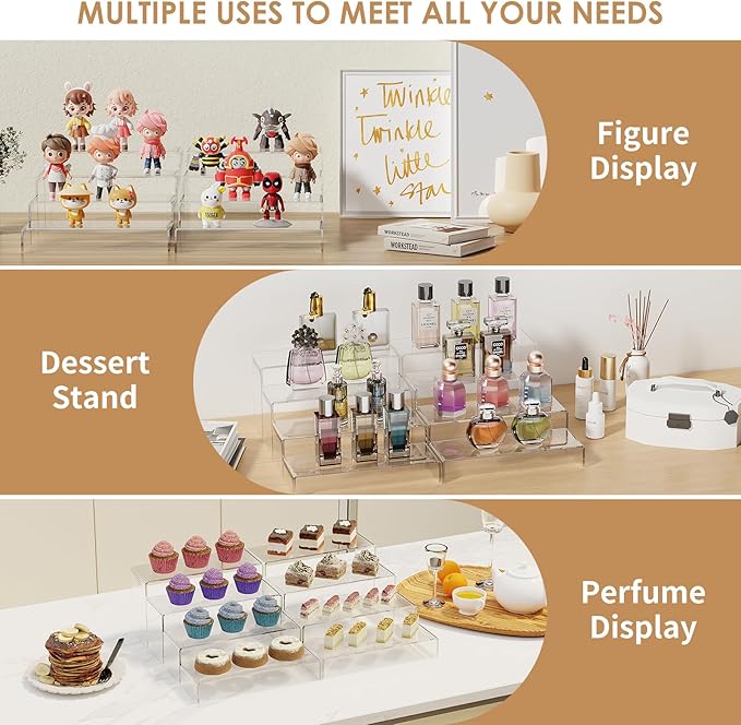 Anglelife 8 Pieces 2 Set (7”L~8”L~9”L) Large Display Risers, 4" Wide Clear Rectangular Stand Shelf for Showcase Collectibles, Acrylic Cake Shelves for Retail Desktop Jewelry Funko Pop Figures