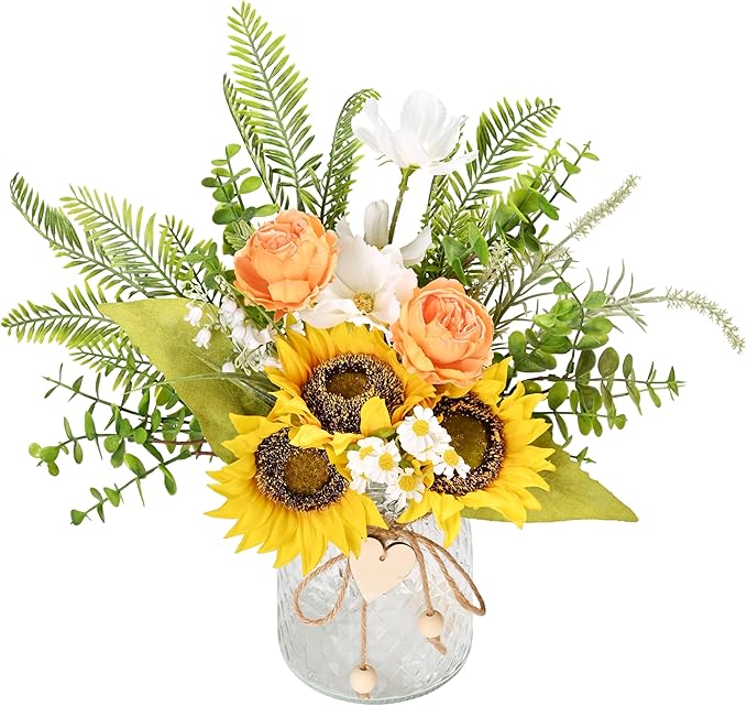 LUEUR Artificial Faux Flowers in Vase for Home,Silk Sunflower Bouquet Fake Flowers with Pot Silk Sunflower Arrangement with Vase Suitable for Fall, Spring Decor Office Decoration Table Cenerpiece