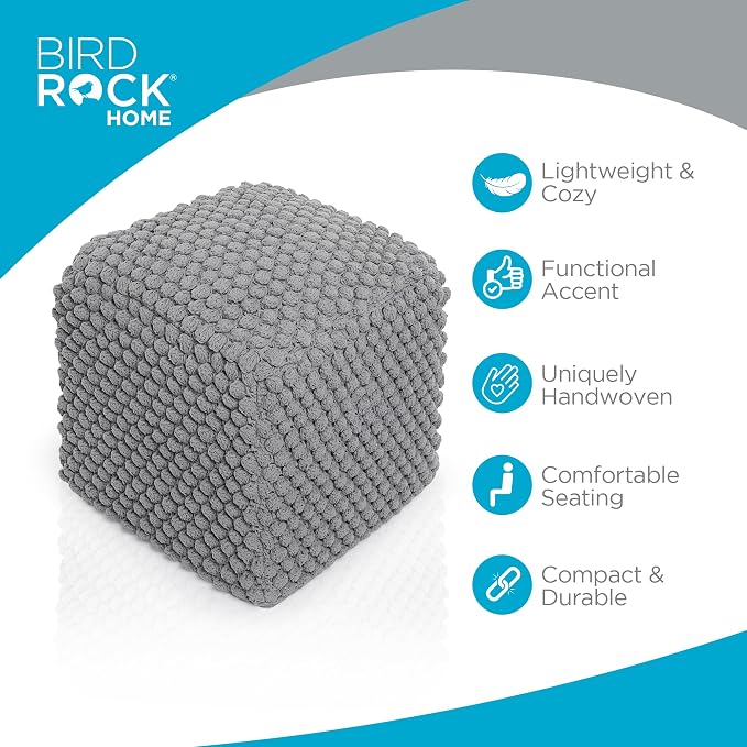 BIRDROCK HOME Square Pouf Ottoman Foot Rest - 18” Compact Comfortable Soft Cotton Knit Bean Bag Floor - Chair Foot Stool Seat for Living Room, Bedroom, or Kids Room (Grey Bud)