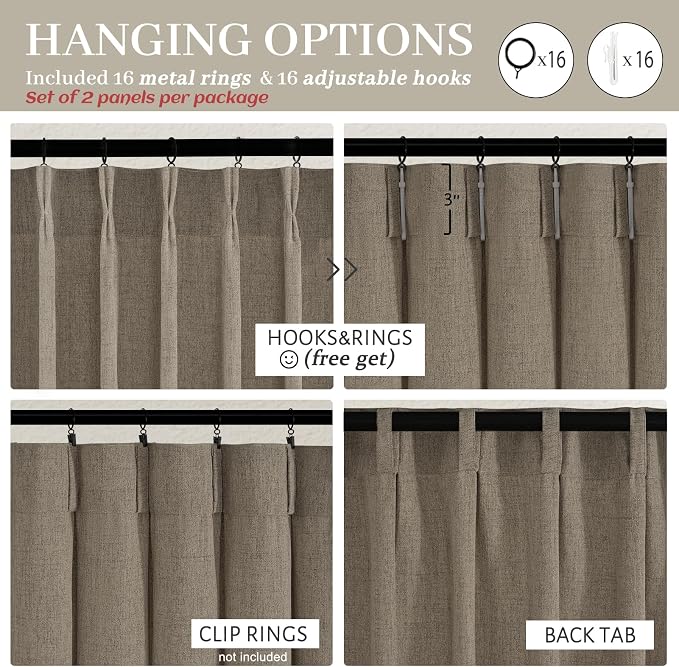 Thick Linen Pinch Pleated Sheer Curtains 96 Inches Long 2 Panels Set for Living Room Bedroom, Memory Trained Pinch Pleat Dark Flax Boho Drape Light Filtering Privacy Sliding Glass Door Burg 8ft Length