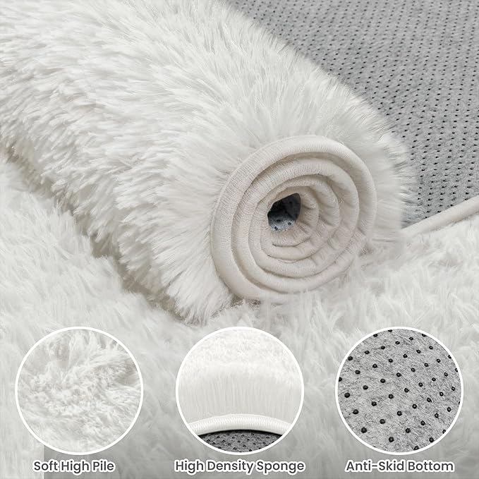 5x7 Area Rug for Living Room, Ultra Soft Fluffy Shag Rugs for Bedroom, Non-Slip Large Fuzzy Plush Rug Indoor Floor Carpet for Nursery Kids Office Dorm Modern Decor, White