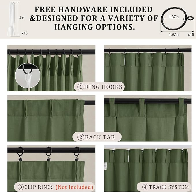 Pinch Pleated Linen Curtains 96 Inch, 2 Panels Premium 400GSM Memory Trained Semi Sheer Light Filtering Window Drapes for Living Room Bedroom Dining, Back Tab & Adjustable Hooks Rings, Olive Green