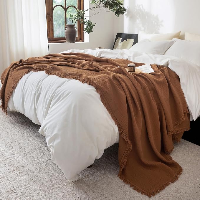 FOSSA Muslin Blanket 4-Layer 100% Cotton Gauze Blanket with Fringe 108"x98" | Super Soft Breathable Lightweight All Season & Decorative Blanket or Bed, Sofa, Office (Dark Orange,Super King)