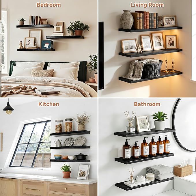 LifetimeWarranty Easy Install Floating Shelves,15.7" Wall Mounted Wooden Shelves, Small Wall Shelves for Storage&Wall Decor,Living Room,Kitchen,Office,Corner Shelf for Photo Book Plants,Set of 3 Black