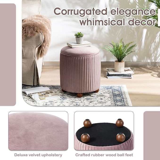 Glitzhome Round Ottoman with Storage, Pleated Velvet Small Foot Stool, Modern Accent Stool Upholstered Vanity Stool with Rubberwood Ball Feet for Bedroom Living Room Dorm Room, Dusty Pink