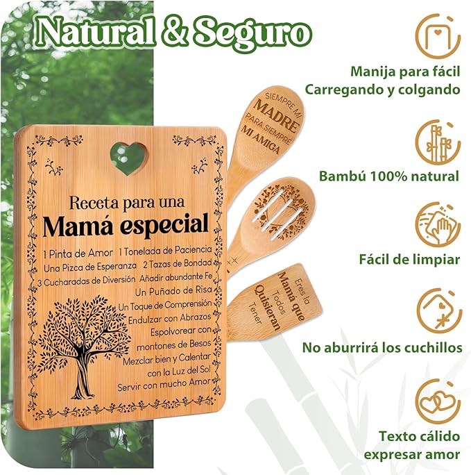 Regalos de cumpleaños para mamá - "Receta para una mamá especial". Juego de tablas de cortar y utensilios de bambú grabados. Regalos de cumpleaños para mamá. Spanish Mom Cutting Board