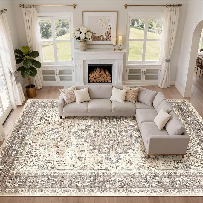 10x13 Area Rugs Living Room: Washable Boho Large Neutral Vintage Soft Rug Stain Resistant Farmhouse Non Slip Indoor Floor Carpet for Bedroom Nursery Kids Playroom Office Dining Room- Beige Brown