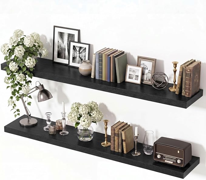 Vivelove Black Floating Shelves for Wall with Invisible Brackets, 48 Inch Floating Shelves for Under TV Over Fireplace Bedroom Living Room Office, 48”X 8”X 1.4", Set of 2 - Black