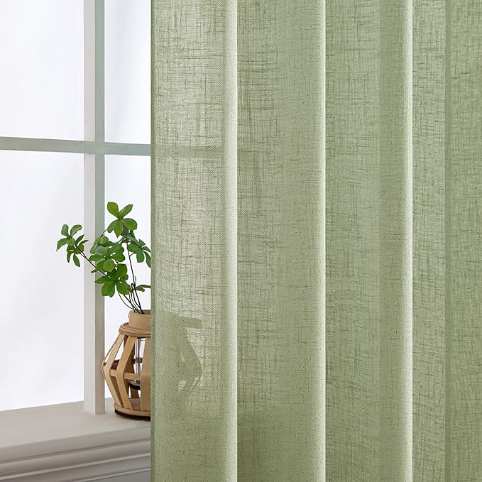 MIULEE Sage Green Linen Curtains 84 Inch Length 2 Panels for Bedroom Living Room, Soft Thick Linen Textured Window Drapes Semi Sheer Light Filtering Back Tab Rod Pocket Burlap Look Decor