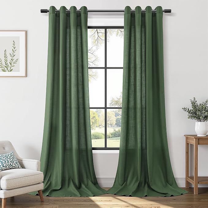 Nanspring Olive Green Linen Curtains 108 Inch Length 2 Panel Set for Living Room Grommet Light Filtering Semi Sheer Drapes Farmhouse Country Privacy Decor Floor to Ceiling Curtain for Bedrooom 52x108