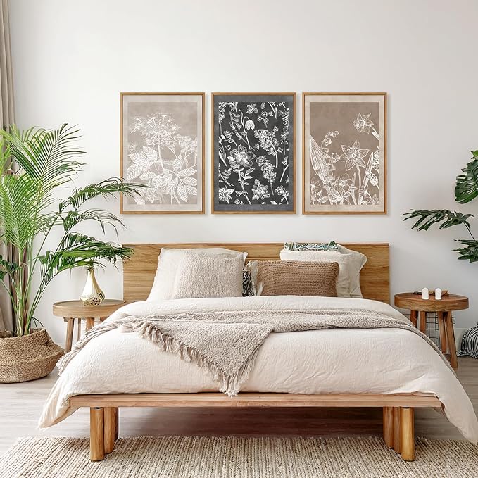 HOURIA 3Pcs Large Plant Leaf Flower Silhouette Framed Canvas Wall Art(16"x24"),Minimalist Botanical Wall Paintings Neutral Floral Wall Decor Modern Black Brown Art Print For Living Room Bedroom Office