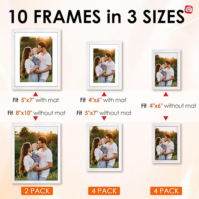 FIXSMITH 10 Pack Picture Frames Collage Wall Decor for Mounting or Tabletop Display, Gallery Wall Frame Set with Two 8x10 White Frames, Four 5x7 Frames and Four 4x6 Frames, Multi-Pack Photo Frame Set