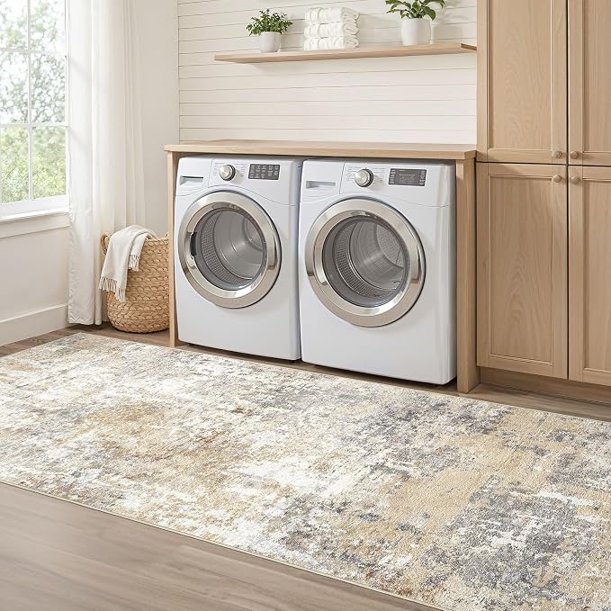 Runner Rug Kitchen Washable Rugs: 2x8 Non-Slip Abstract Soft Modern Stain Resistant Indoor Floor Neutral Accent Throw Carpet for Hallway Bathroom Laundry Room Entryway Bedroom- Gray Gold