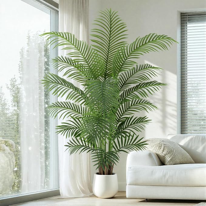 6ft Artificial Palm Tree Tall Faux Palm Tree Indoor Large Fake Plants with 18 Trunks Artificial Plants with White Pot Lifelike Leaves for Home Office Decor Living Rooms Bedrooms