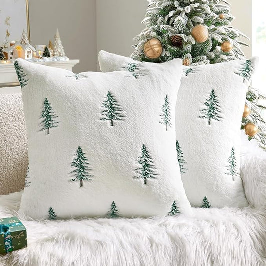 MIULEE Christmas Decorative Pillow Covers Set of 2 Faux Fur Throw Pillows with Embroidered Christmas Tree 18x18 Inch White Green Winter Couch Covers for Festival Sofa Bedroom Living Room Home Decor