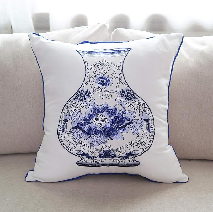 Embroidery Throw Pillow Covers 18x18 Home Décor Floor Pillows Cover for Couch 100% Cotton Cushion Cover 45x45cm Decorative Pillowcase, Chinese Blue and White Porcelain Bottles, 4 Pieces