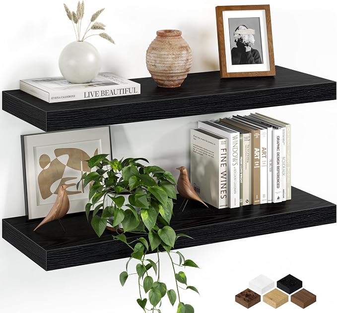 Fun Memories Floating Shelves for Wall, 24 Inch Set of 2 Rustic Wood Wall Shelves with Invisible Brackets, Heavy Duty Storage Display for Living Room Bedroom Kitchen, Black