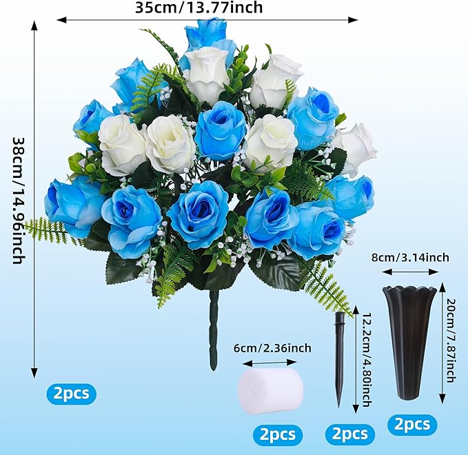 Lodou Set of 2 Artificial Cemetery Flowers, Memorial Flowers Bouquet,Grave Memorial Flowers with Vase for Cemetery Headstones Decoration (Blue White)