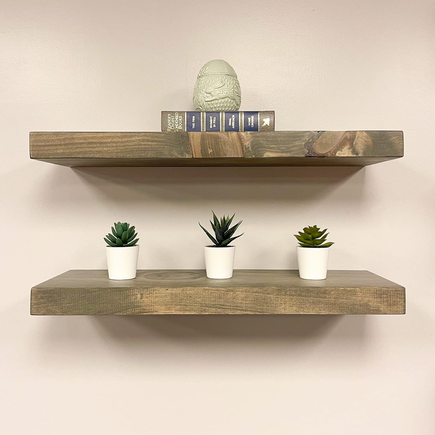 URBANDI, Rustic Floating Shelves, Set of 2, Hidden Bracket, Solid Wood, Heavy Duty, Wall Mounted Shelves, (Grey, 24Wx10D)