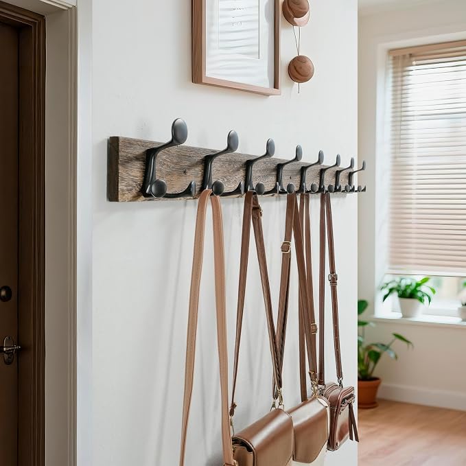 WEBI Coat Rack Wall Mount,43" Solid Wood Coat Hooks Wall Mounted Coat Hanger,16" Hole to Hole,Heavy Duty Hook Rack Rail,8 Triple Hooks for Hanging Coats,Jacket,Clothes,Hat,Weathered Brown,2 Packs