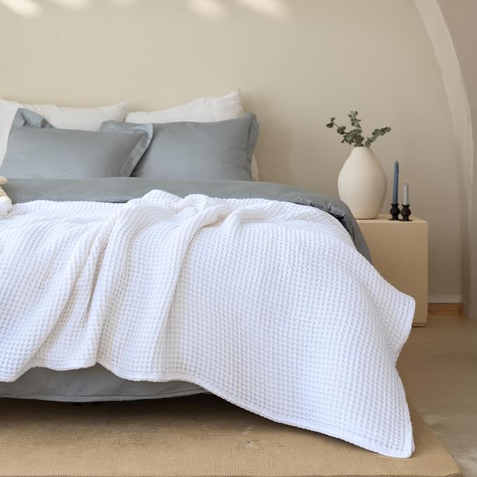 Premium Waffle Throw Blanket California King Size White - 100% Turkish Cotton, Light and Airy Waffle Weave All-Season Quilt - Luxury Decorative Bedspread (White, 95" x 126" Inch)