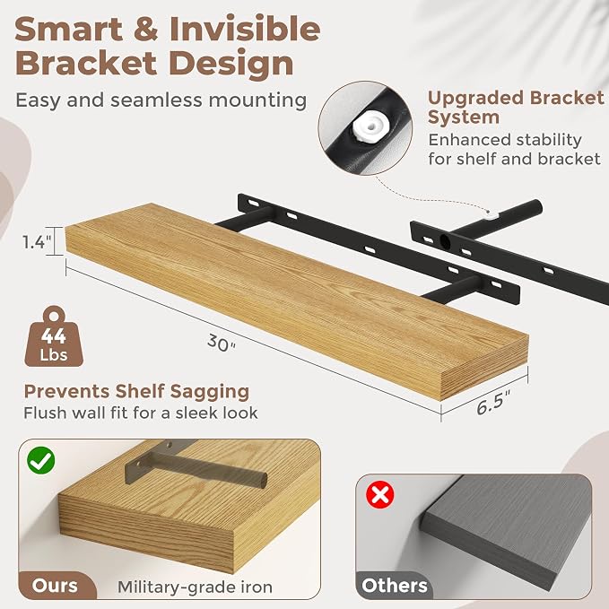 Venusmiles Floating Shelves for Wall, 30 Inch Floating Shelves Set of 2, 6.5" D Wooden Wall Mounted Display Shelves with Invisible Brackets for Living Room, Bedroom, Bathroom, Kitchen Decor, Oak