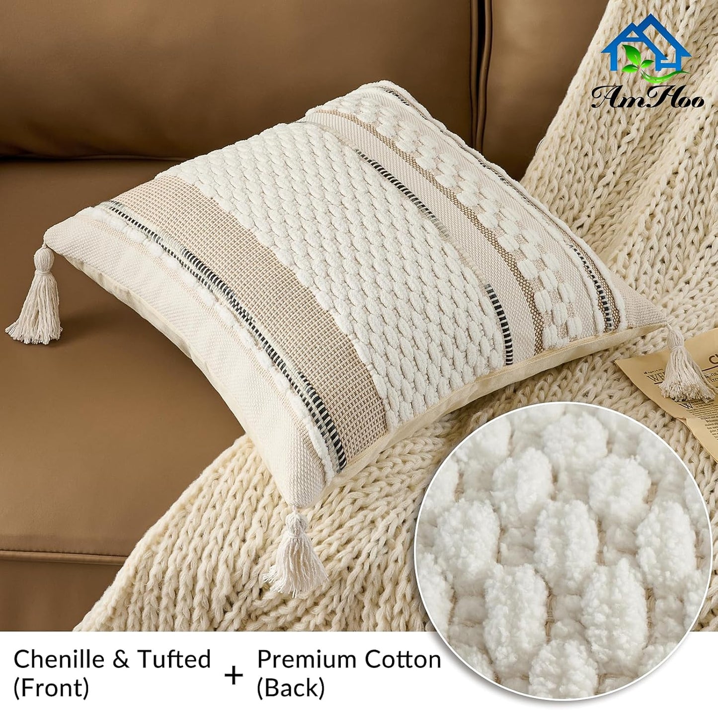 AmHoo Set of 2 Chenille Striped Textured Boho Throw Pillow Covers Aesthetic with Tassels Woven Decorative Pillow Case for Couch Bed Sofa Bedroom Modern Funky 18 x 18-Inch White