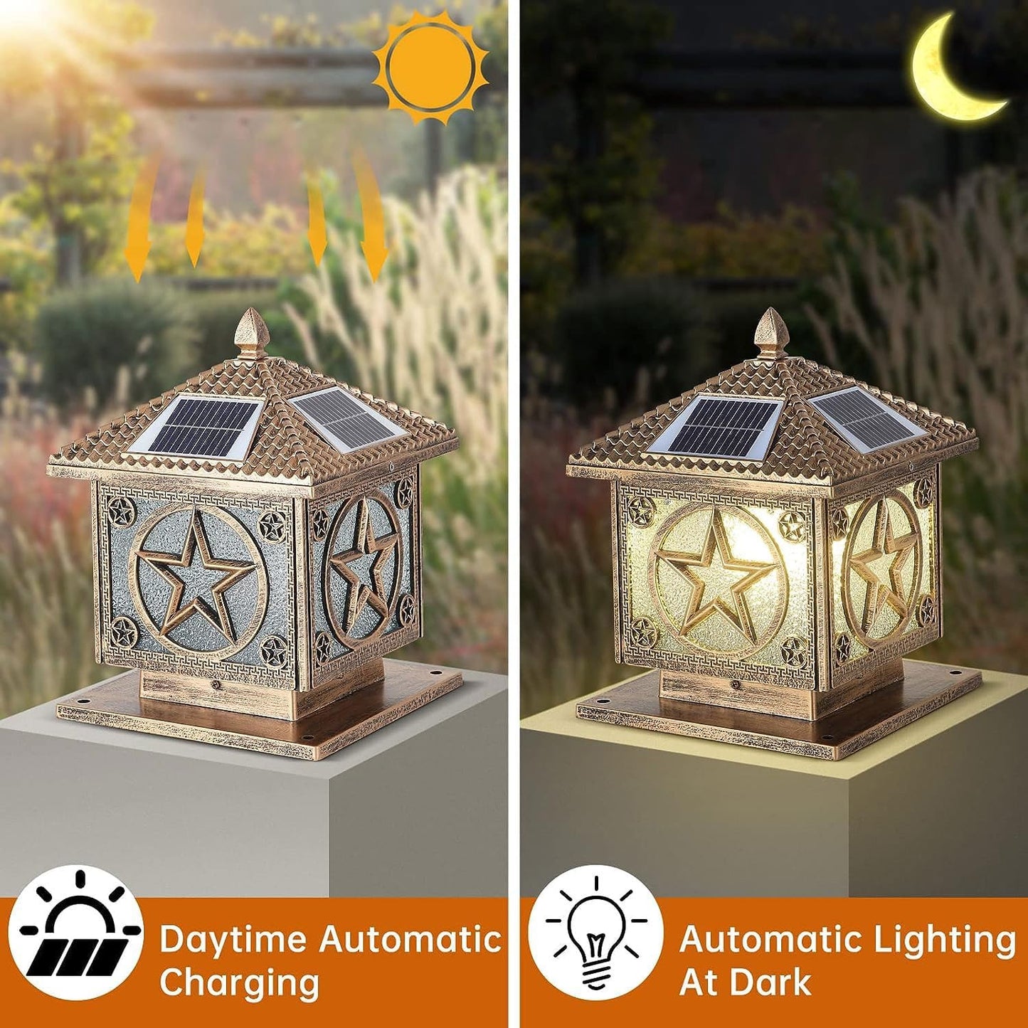 SLAWA Outdoor Solar Post Cap Light 9.8In Bronze Column Lights Square Waterproof Landscape Lighting with Remote Pillar Lamps Fence Deck Cap Light Solar Power Lantern Porch Mailbox Lawn Porch Fixture