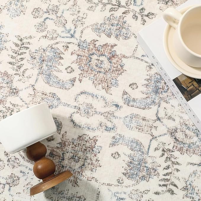 PureCozy Taupe Area Rug 3x4 Office Entryway Rug Machine Washable Kitchen Vintage Distressed Non Slip Carpet Indoor Retro Floral Accent Throw Door Mat for Bathroom Bedroom Dining Living Room