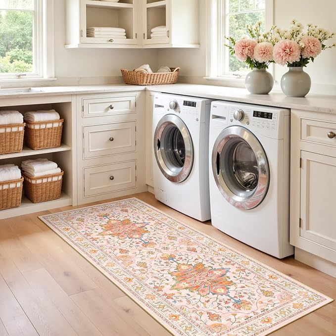 RELEANY Area Rugs 2'x6' Runner Rug Non Slip Washable for Kitchen Hallway Bedroom Beside Laundry Room Bathroom Rug, Floor Carpet, Light Pink Colorful