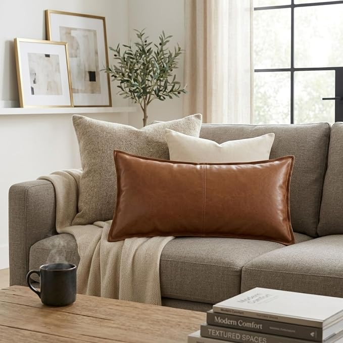 Genuine Leather Pillow Cover Case for Lumbar Throw Couch Pillows - Modern Farmhouse Decorative Sofa Thick & Soft Cushion Covers (Tan, 12" x 20")