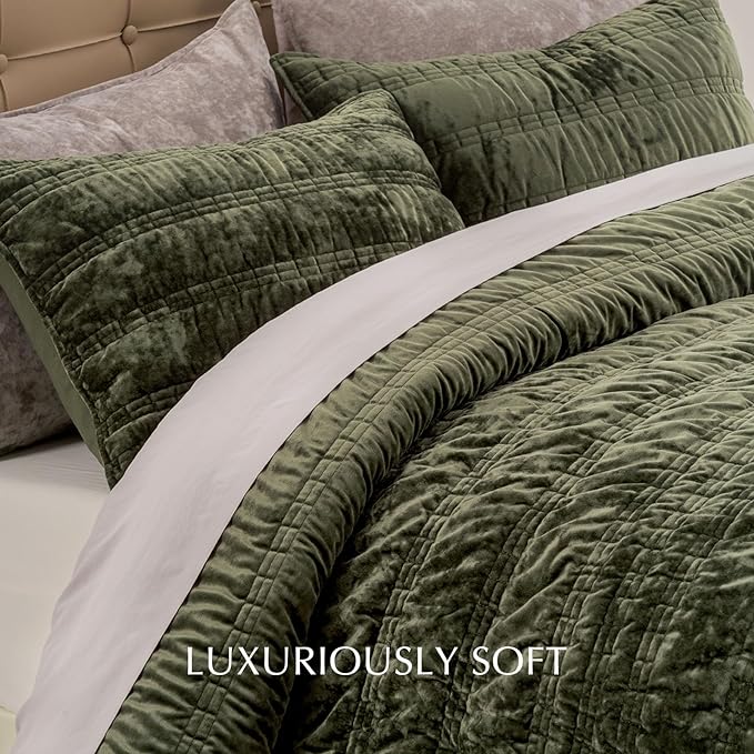 EverGrace Luxury Ruched Velvet Quilt Queen Size, Ultra Soft Bedspread Coverlet Set, Lightweight Velvet Comforter, Quilted Bedding Cover with 2 Matching Shams for All Season, Olive Green