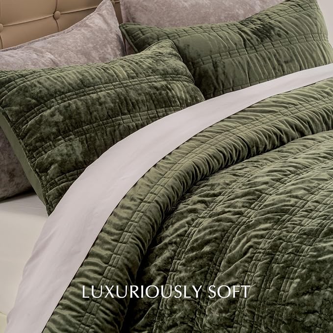 EVERGRACE Luxury Ruched Velvet Quilt King Size, Ultra Soft Bedspread Coverlet Set, Lightweight Velvet Comforter, Quilted Bedding Cover with 2 Matching Shams for All Season, Olive Green | Luxe Velvet