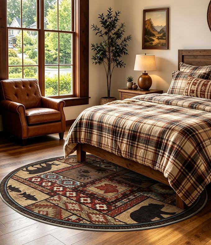 YIHOUSE Rustic Round Rug 6ft, Washable Circle Area Rug with Non-Slip Backing, Low Pile Soft Western Cabin Rugs for Living Room, Bedroom