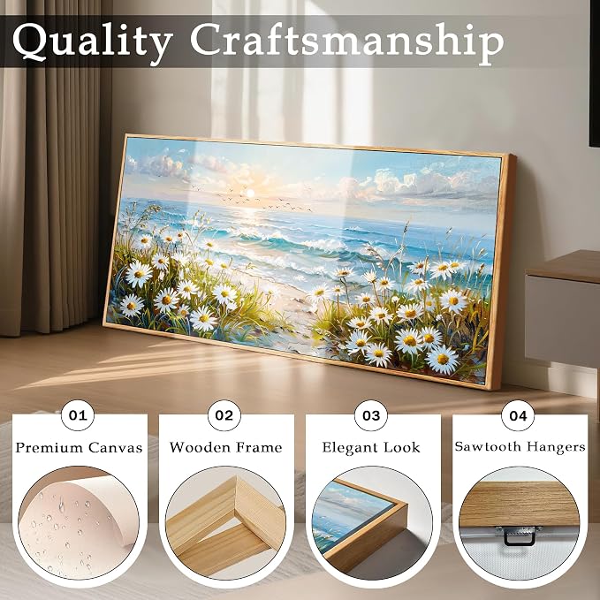 imjiayu Beach Wall Art, Large Wall Decor, Framed Wall Art, Blue Coastal Canvas Prints, Seaside Flowers Landscape Paintings, Sunset Pictures for Living Room Bedroom Kitchen Home Decorations 20"x40"