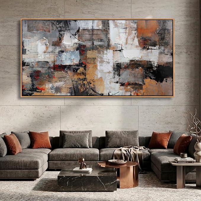 Abstract Canvas Wall Art - Modern Minimalist Wall Painting - Brown Decorations - Framed Wall Art for Bedroom, Office - Artwork Wall Decor - Brown Bedroom Wall Decor Above BedAbstract Canvas Wall Art 24×48IN