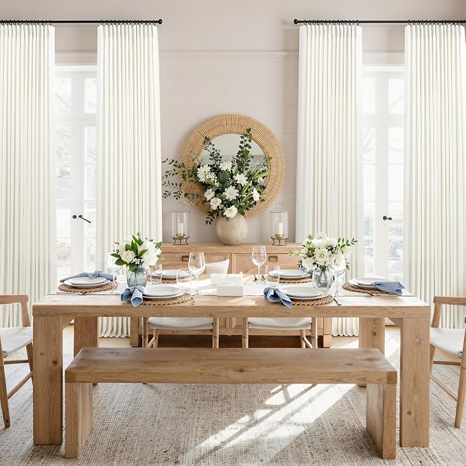 Semi Sheer Thick Linen Pleated Curtains 120 Inches Long for Living Room 2 Panel Back Tab Pinch Pleat Drapes Hooks Rings Light Filtering Boho Farmhouse Cream Ivory Extra Long Curtain for Dining Bedroom