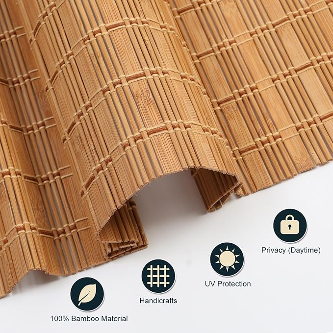 Cordless Wood Window Blinds, Bamboo Sheer Light Filtering Woven Roman Shades, Tiger Wood, 33" W X 48" H