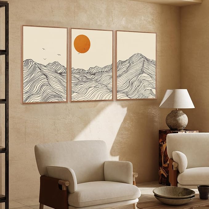 LHIUEM Abstract Wave Line Mountain Framed Canvas Wall Art,Boho Sun Wall Decor,Minimalist Beige Artwork for Living Room,Bedroom,Dining Room,Office -24"x36"x3