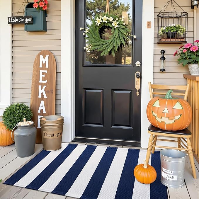 OLANLY Navy and White Striped Rug 2'4" x 3'7" (27.5" x 43") – Washable Cotton Indoor Outdoor Doormat for Front Door, Entryway, Kitchen, Porch, Patio Decor