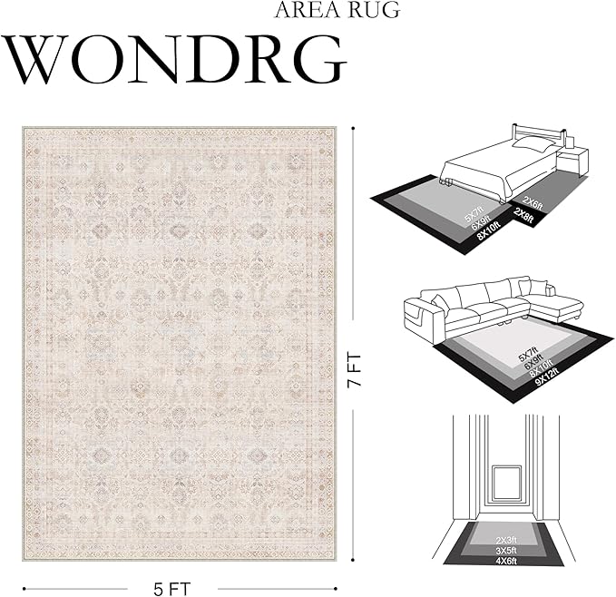2x8 Washable Neutral Runner Rug for Living Room Beige Apricot Floral Non Slip Low Pile Large Rug Indoor Vintage Carpet Bedroom Dining Room Hallway Kitchen
