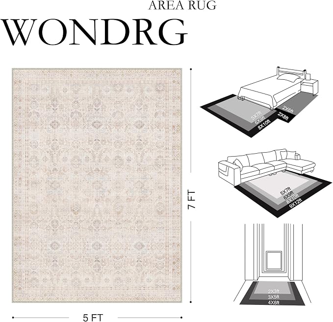 2x3 Washable Neutral Area Rug for Entryway Beige Non Slip Soft Thin Throw Rug Floral Durable Low Pile Carpet Modern Stain Resistant Door Mat for Living Room Laundry Kitchen Office Playroom