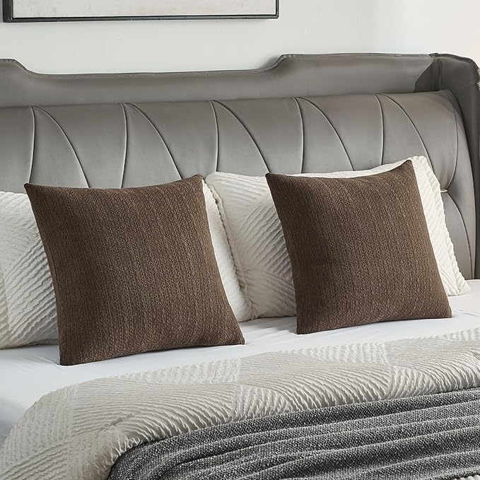FUTEI Dark Coffee Chenille Throw Pillow Covers 24x24 Inch Set of 2,Soft Striped & Diamond Textured European Cushion Cases,Modern Home Decor for Couch Living Room